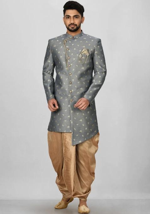 Dark Grey Embroidered Jacquard Indo Western Sherwani Set For Men