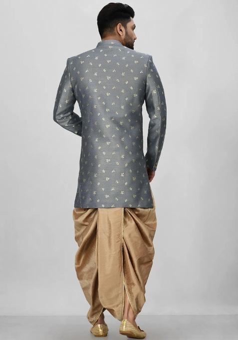Dark Grey Embroidered Jacquard Indo Western Sherwani Set For Men