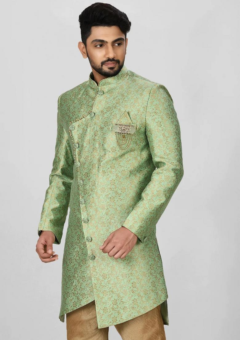 Green Embroidered Jacquard Indo Western Sherwani For Men