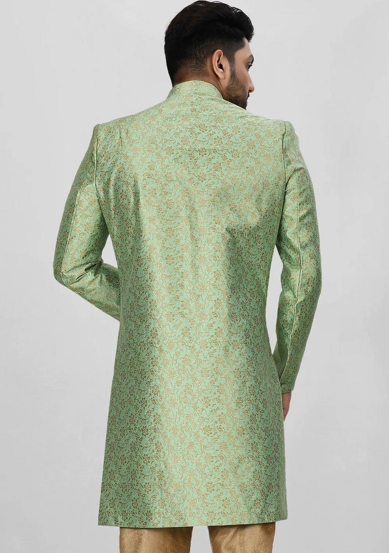 Green Embroidered Jacquard Indo Western Sherwani For Men