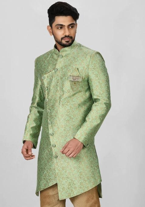 Green Embroidered Jacquard Indo Western Sherwani For Men