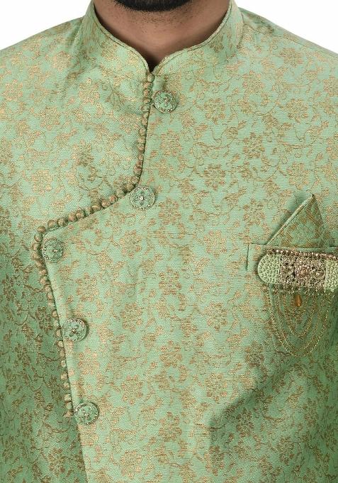 Green Embroidered Jacquard Indo Western Sherwani For Men