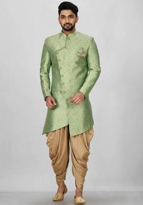 Green Embroidered Jacquard Indo Western Sherwani Set For Men