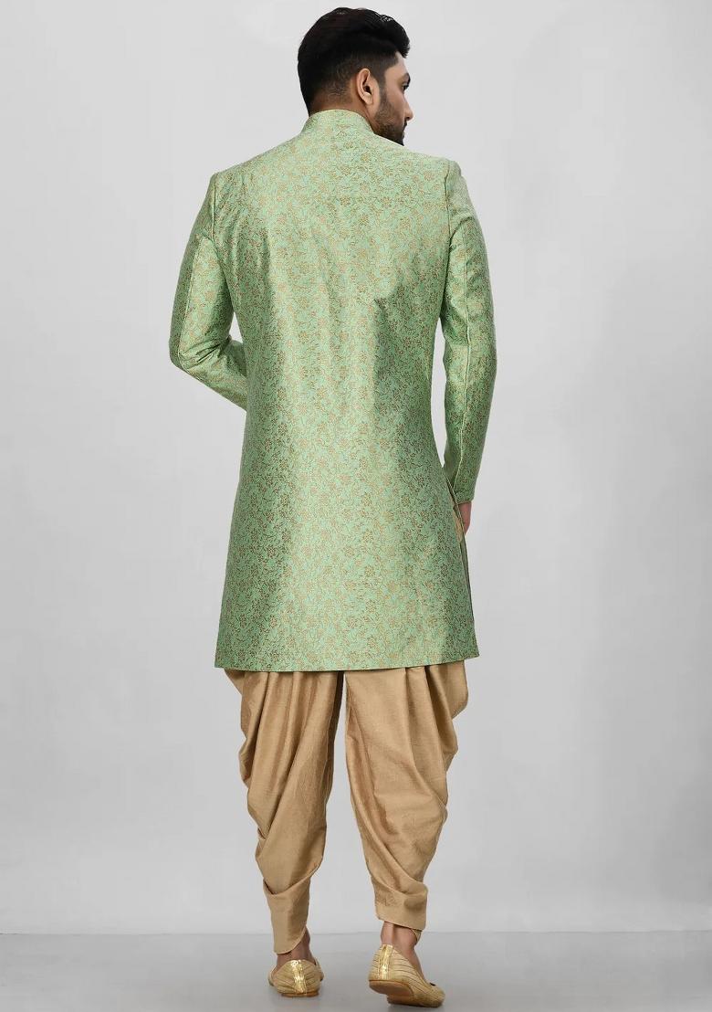 Green Embroidered Jacquard Indo Western Sherwani Set For Men