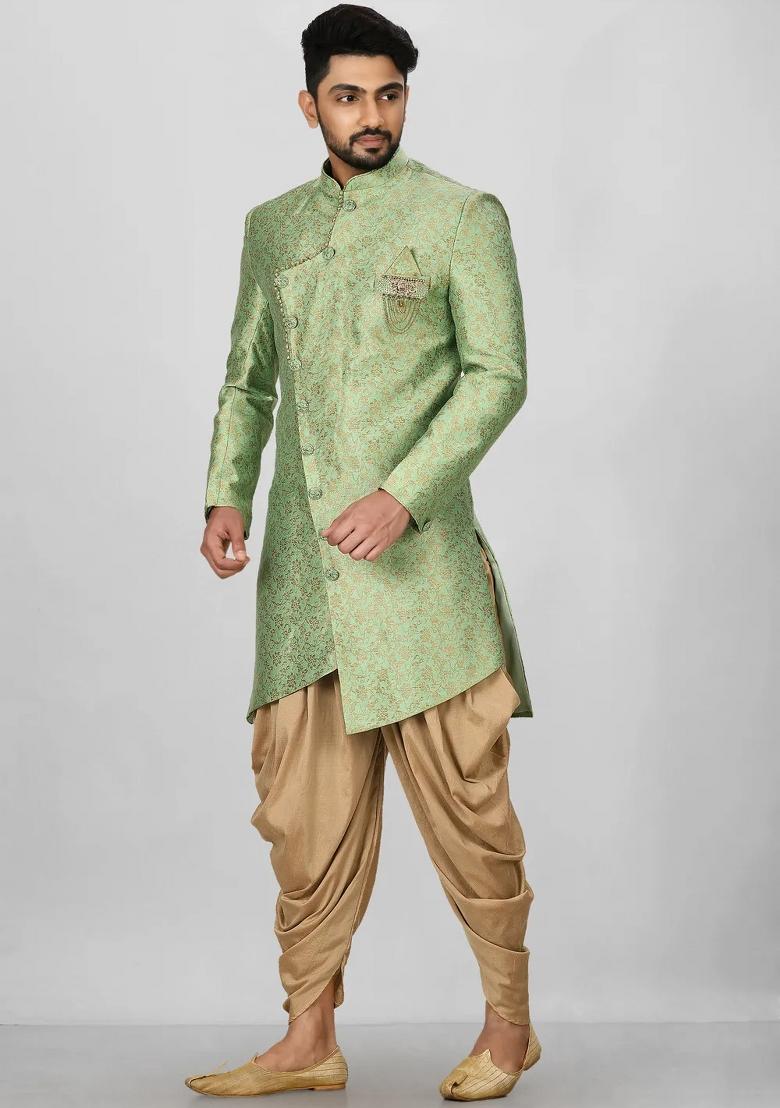 Green Embroidered Jacquard Indo Western Sherwani Set For Men