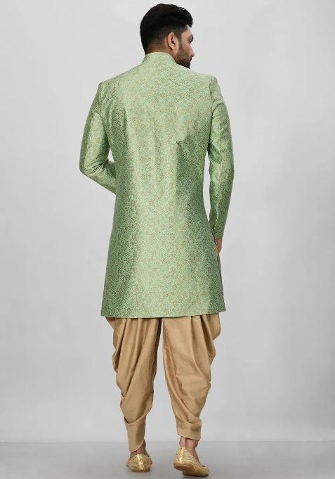 Green Embroidered Jacquard Indo Western Sherwani Set For Men
