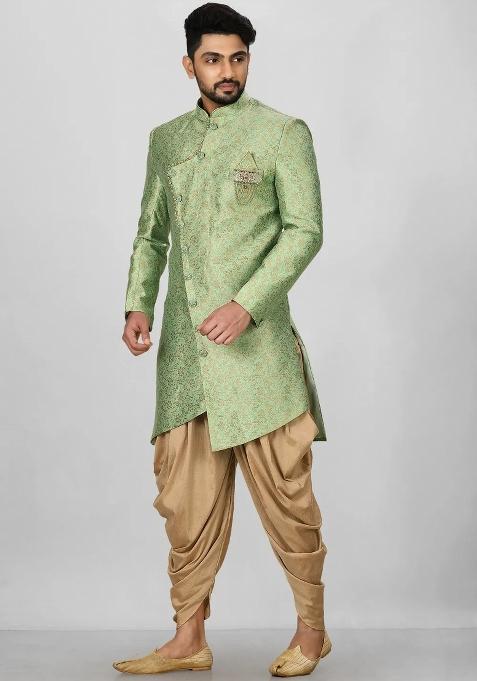 Green Embroidered Jacquard Indo Western Sherwani Set For Men