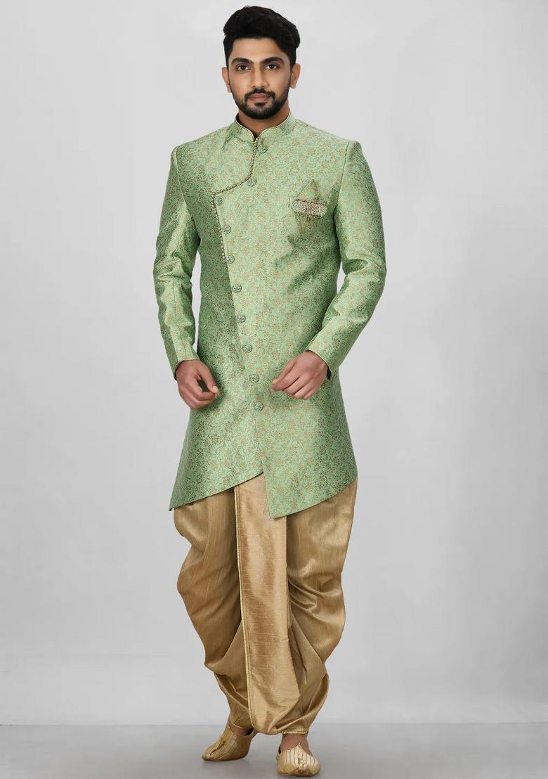 Green Embroidered Jacquard Indo Western Sherwani Set For Men