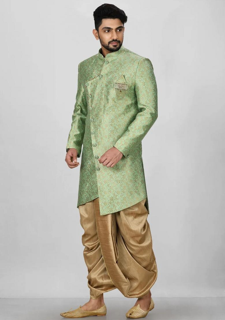 Green Embroidered Jacquard Indo Western Sherwani Set For Men