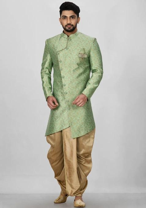 Green Embroidered Jacquard Indo Western Sherwani Set For Men