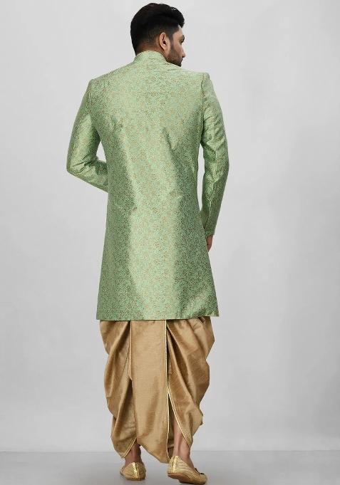 Green Embroidered Jacquard Indo Western Sherwani Set For Men