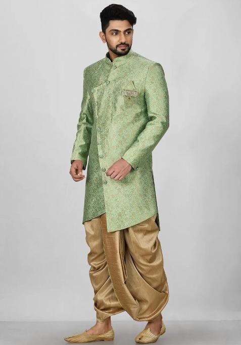 Green Embroidered Jacquard Indo Western Sherwani Set For Men