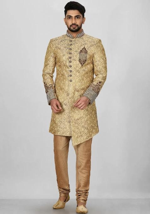 Gold Embroidered Jamewar Indo Western Sherwani For Men