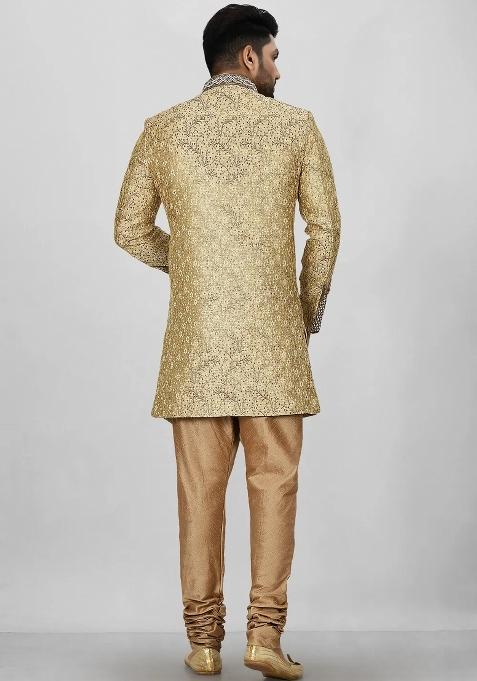 Gold Embroidered Jamewar Indo Western Sherwani For Men