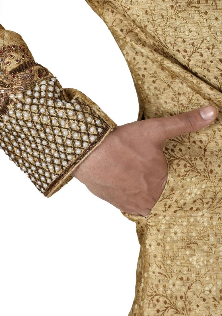 Gold Embroidered Jamewar Indo Western Sherwani Set For Men