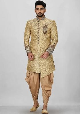 Gold Embroidered Jamewar Indo Western Sherwani Set For Men