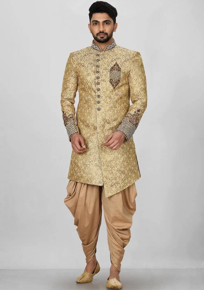 Gold Embroidered Jamewar Indo Western Sherwani Set For Men