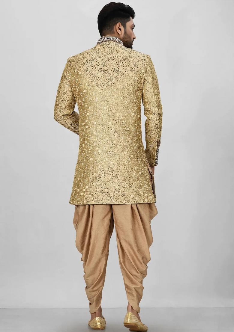 Gold Embroidered Jamewar Indo Western Sherwani Set For Men