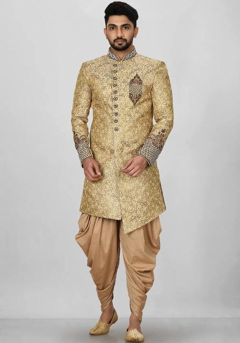 Gold Embroidered Jamewar Indo Western Sherwani Set For Men