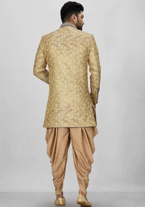Gold Embroidered Jamewar Indo Western Sherwani Set For Men