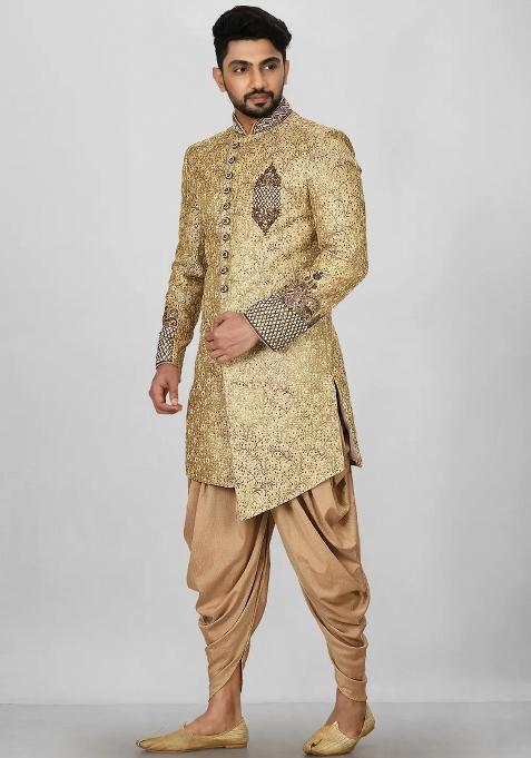 Gold Embroidered Jamewar Indo Western Sherwani Set For Men