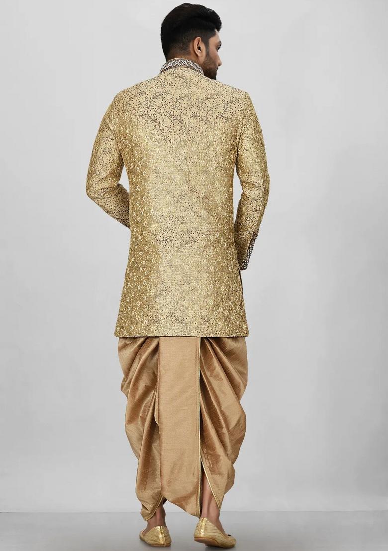 Gold Embroidered Jamewar Indo Western Sherwani Set For Men