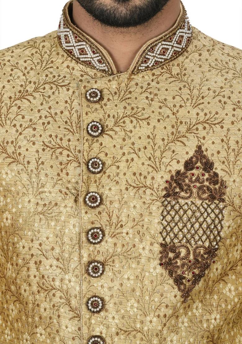 Gold Embroidered Jamewar Indo Western Sherwani Set For Men