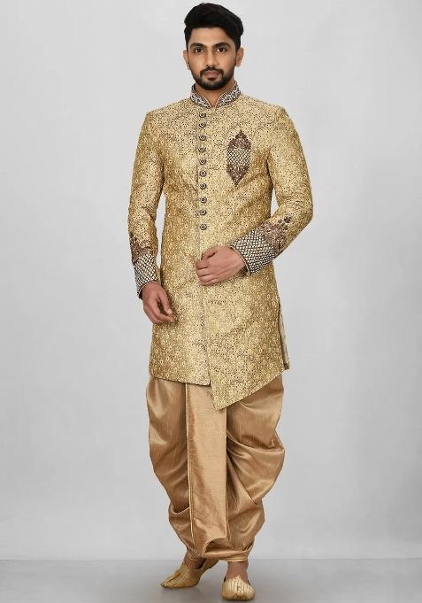 Gold Embroidered Jamewar Indo Western Sherwani Set For Men