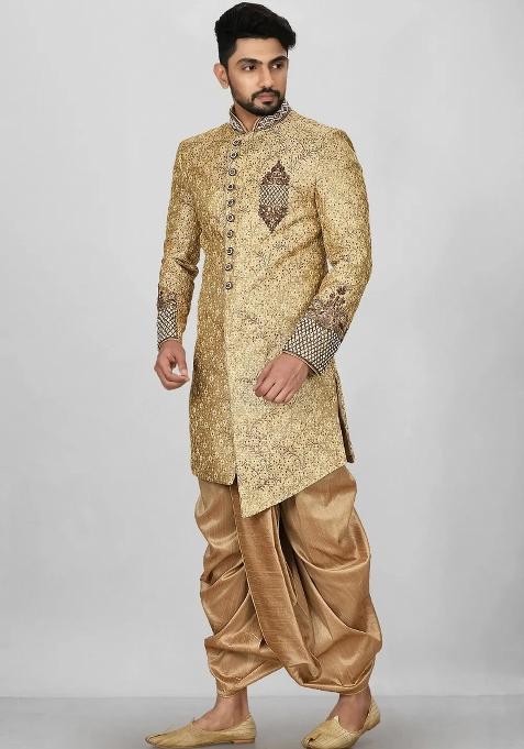 Gold Embroidered Jamewar Indo Western Sherwani Set For Men