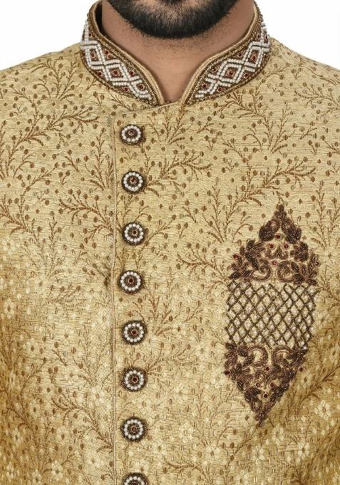 Gold Embroidered Jamewar Indo Western Sherwani Set For Men