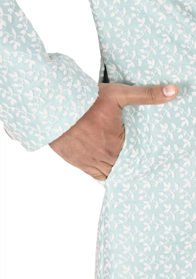 Mint Green Embroidered Jacquard Indo Western Sherwani For Men