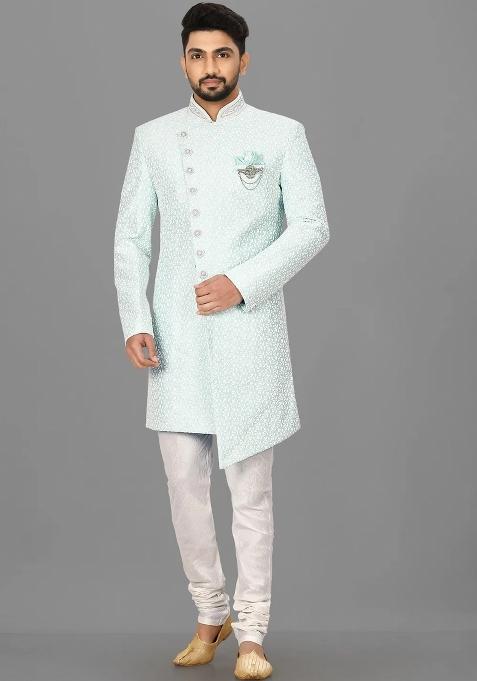Mint Green Embroidered Jacquard Indo Western Sherwani For Men