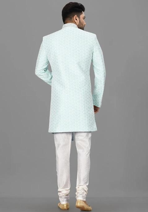 Mint Green Embroidered Jacquard Indo Western Sherwani For Men