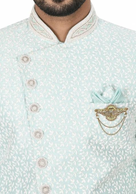 Mint Green Embroidered Jacquard Indo Western Sherwani For Men