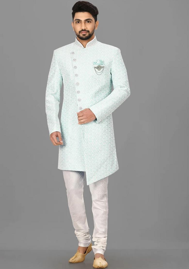 Mint Green Embroidered Jacquard Indo Western Sherwani Set For Men