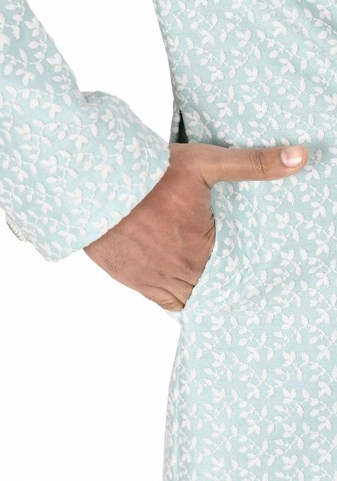 Mint Green Embroidered Jacquard Indo Western Sherwani Set For Men