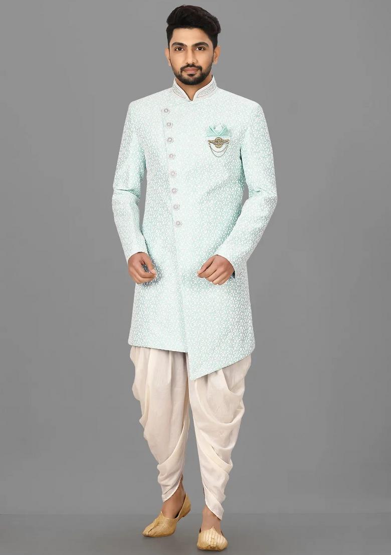 Mint Green Embroidered Jacquard Indo Western Sherwani Set For Men