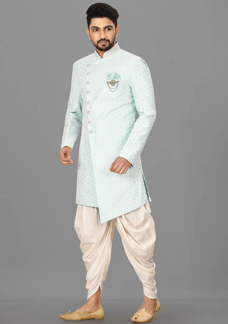 Mint Green Embroidered Jacquard Indo Western Sherwani Set For Men
