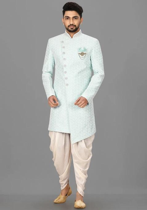 Mint Green Embroidered Jacquard Indo Western Sherwani Set For Men