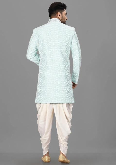 Mint Green Embroidered Jacquard Indo Western Sherwani Set For Men