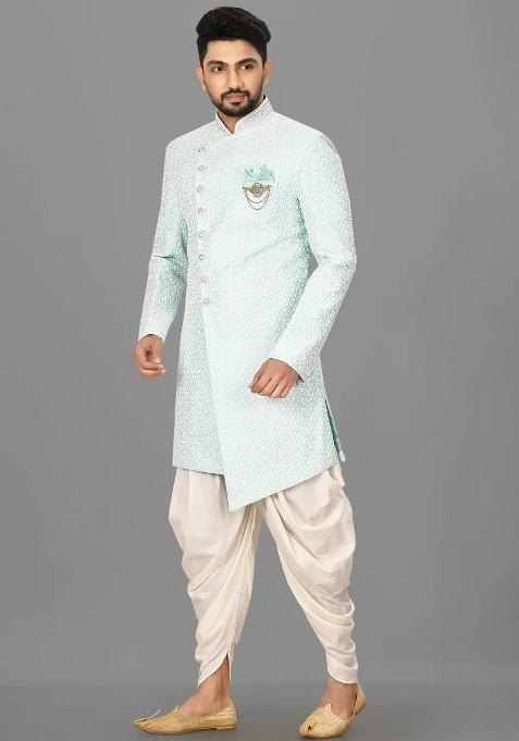 Mint Green Embroidered Jacquard Indo Western Sherwani Set For Men