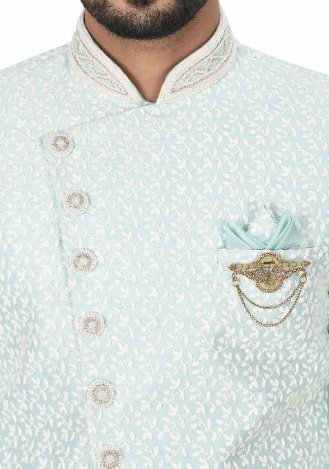 Mint Green Embroidered Jacquard Indo Western Sherwani Set For Men
