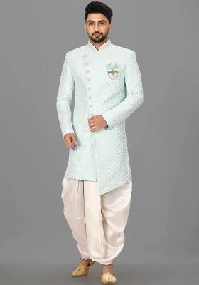 Mint Green Embroidered Jacquard Indo Western Sherwani Set For Men