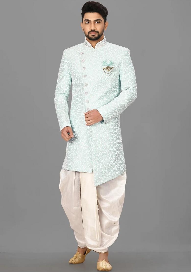 Mint Green Embroidered Jacquard Indo Western Sherwani Set For Men