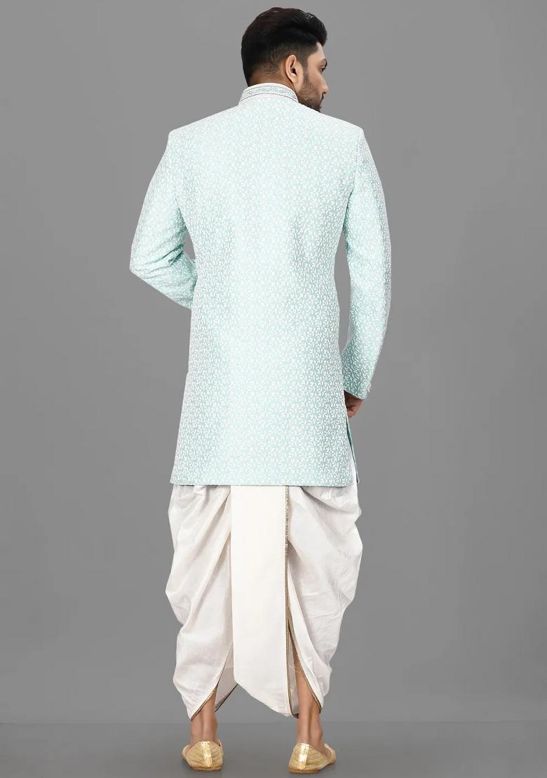 Mint Green Embroidered Jacquard Indo Western Sherwani Set For Men