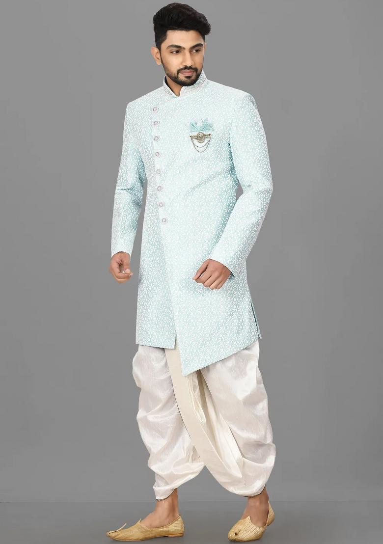Mint Green Embroidered Jacquard Indo Western Sherwani Set For Men