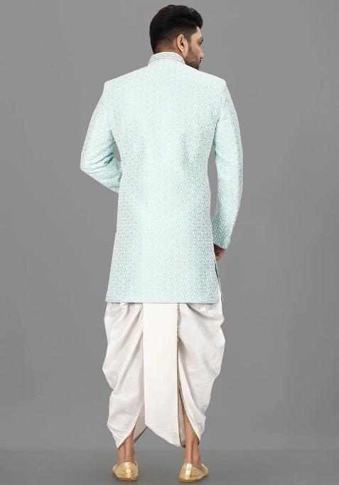 Mint Green Embroidered Jacquard Indo Western Sherwani Set For Men