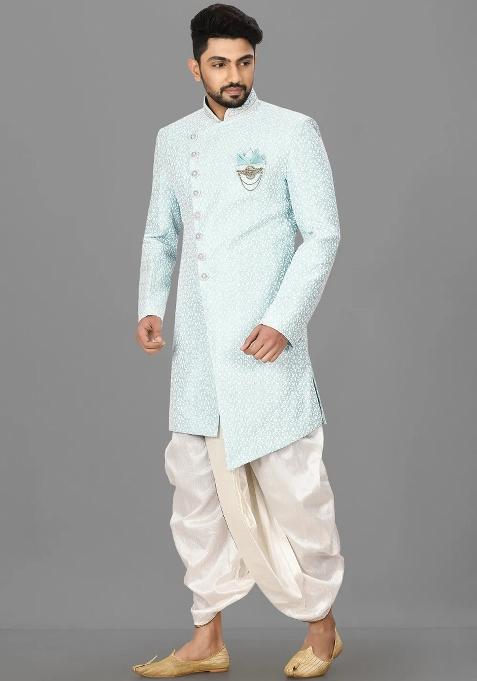 Mint Green Embroidered Jacquard Indo Western Sherwani Set For Men