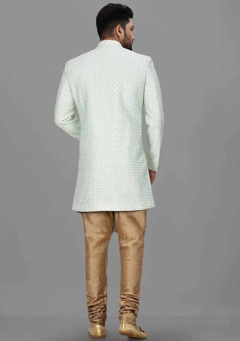 Sea Green Embroidered Jacquard Indo Western Sherwani Set For Men