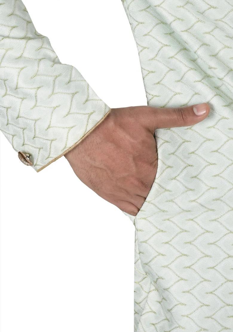 Sea Green Embroidered Jacquard Indo Western Sherwani Set For Men